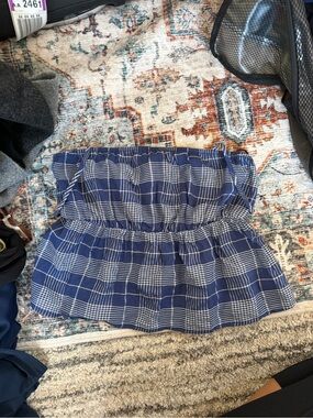 Blue Plaid Strapless Smocked Peplum Top